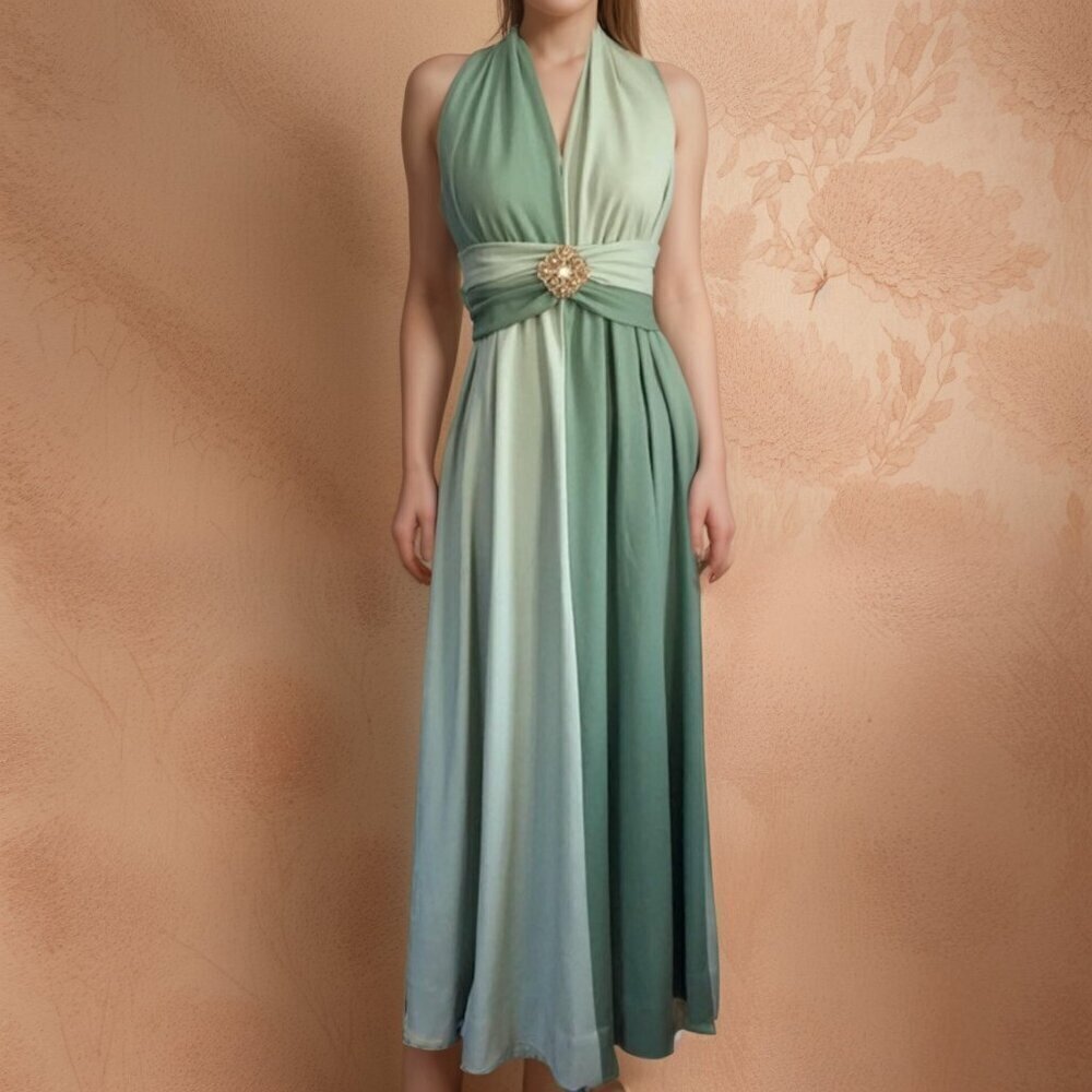 Vintage 60s Two-Tone Sage Green Gown with Rhinestone Medallion